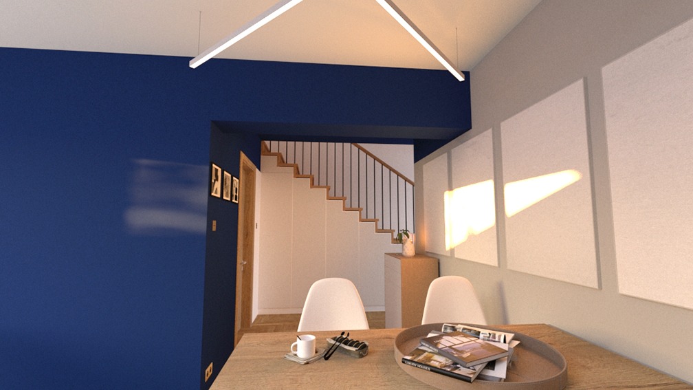 concept-blue-living-room-demolished-wall-interior-design-trends-2019-PGPstudio Concept for living room with navy wall and dining table