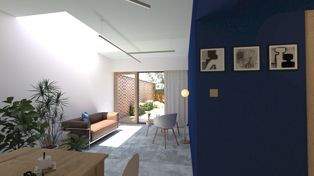 concept-blue-living-room-view-from-corridor-interior-design-trends-2019-PGPstudio Concept for living room with navy wall and large roof light