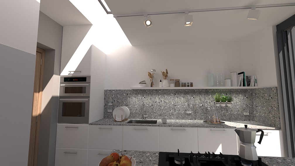 concept-terazzo-kitchen-white-interior-design-trends-2019-PGPstudio Concept kitchen day time with glass roof