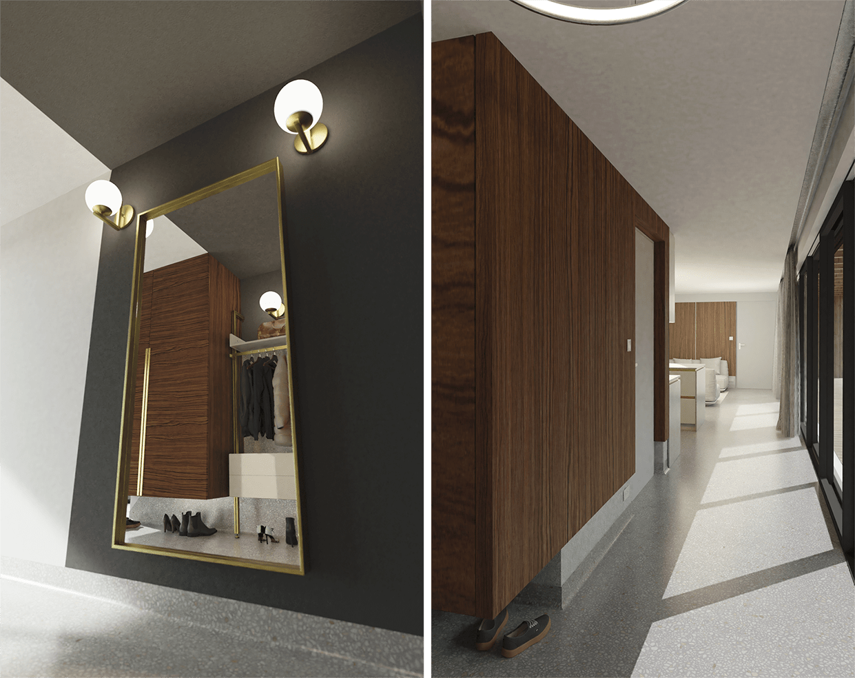 corridor-mirror-MDF-Veneer-cladding-terazzo-floor-garden-house-interior-design-trends-2020-pgpstudio Garden House entrance
