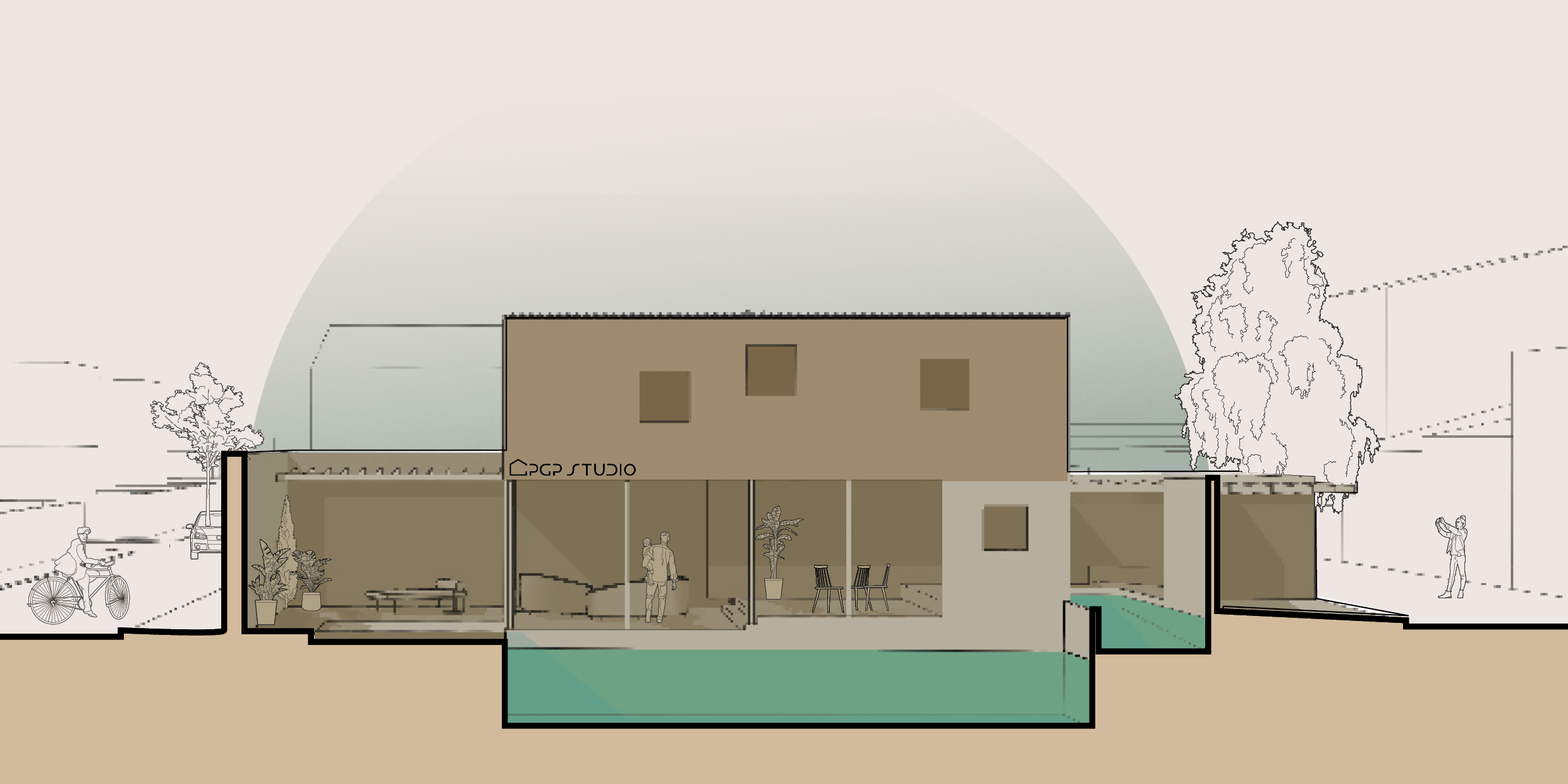 section through swimming pool in pation 1 and 2