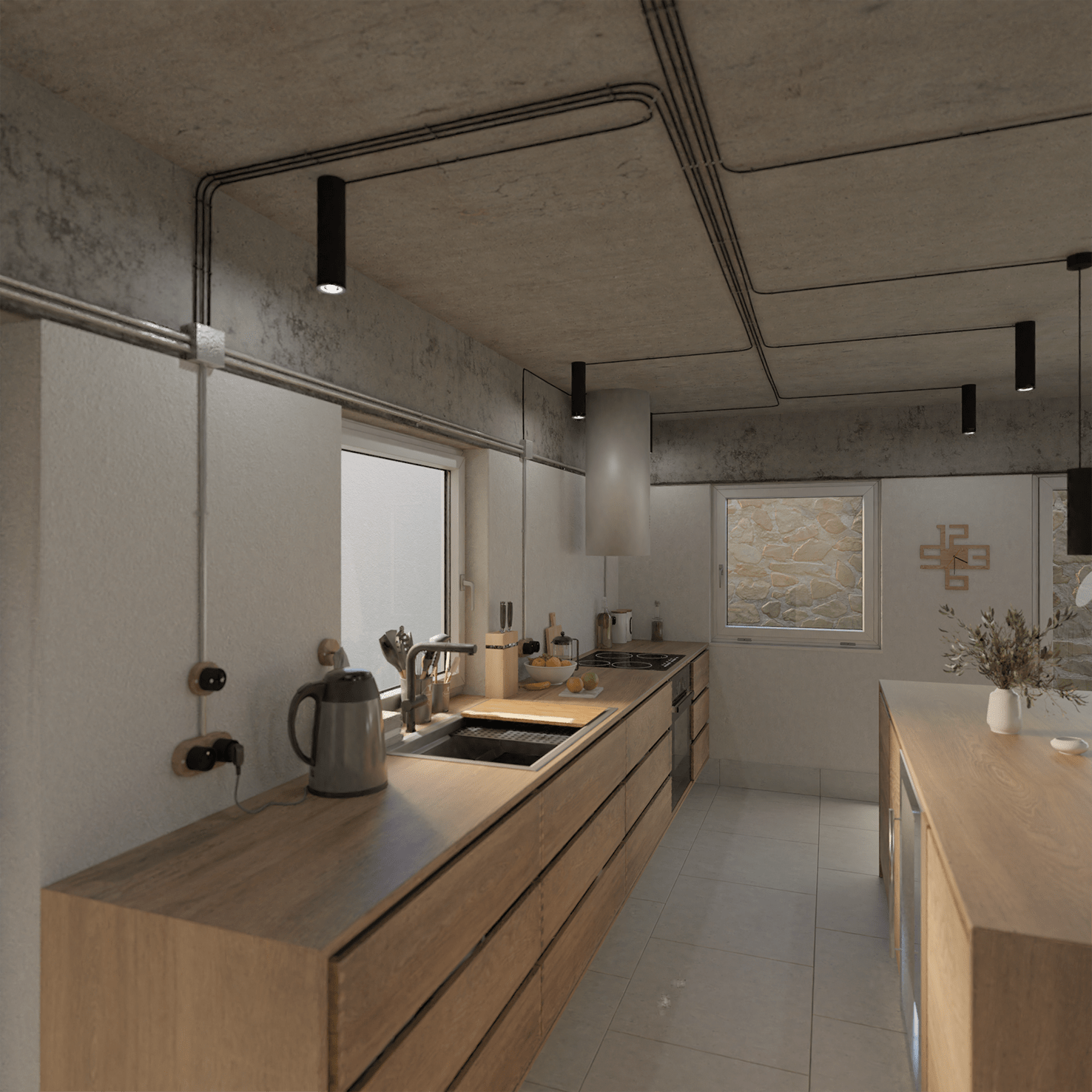Summer House timber kitchen with feature exposed ceiling cables