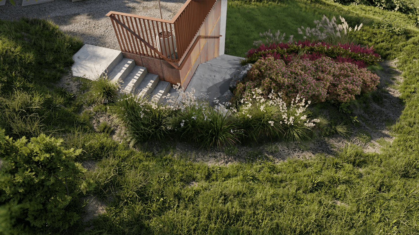 Hill-House-landscape-garden-with-path-PGPstudio Hill House garden birds view of rockery from top of the hill
