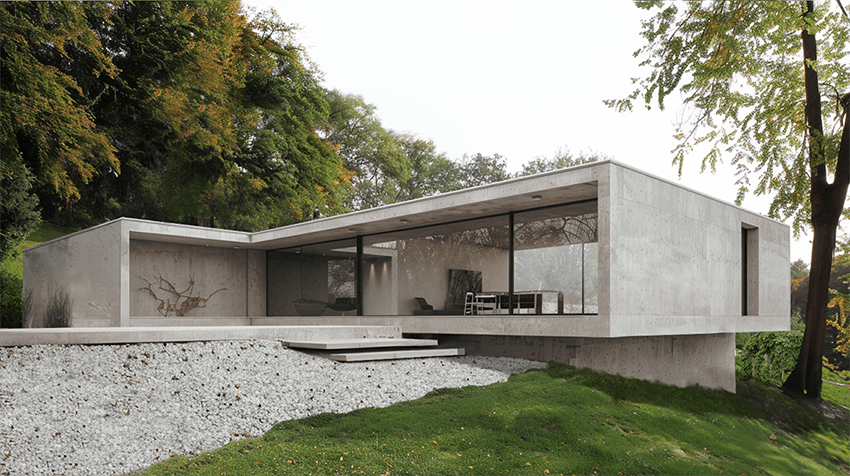welsh-concrete-summer-Lshape-house-large-entrance-exterior-architecture-trends-2024-pgpstudio L shape concrete house in Wales