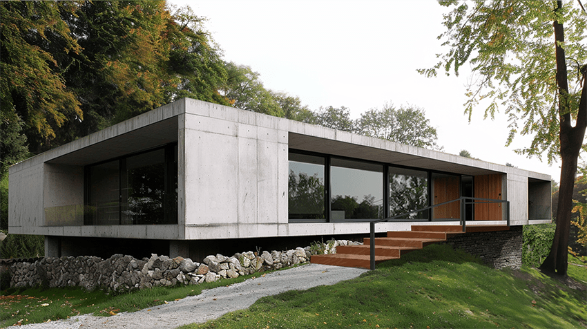 welsh-concrete-summer-large-rectangle-house-entrance-exterior-architecture-trends-2024-pgpstudio Large concrete house in Wales