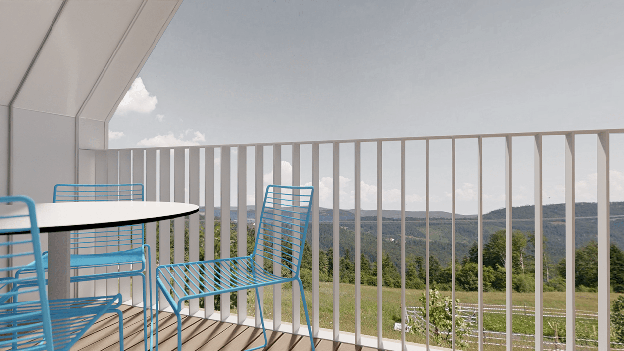 wisla-rental-house-zinc-cladding-balcony-architecture-trends-2020-PGPstudio Barn conversion view from the upper balcony