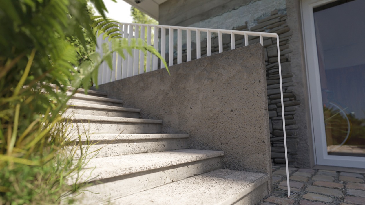 wisla-rental-house-zinc-cladding-retained-barn-stairs-architecture-trends-2020-PGPstudio Barn conversion looking at the entrance stairs