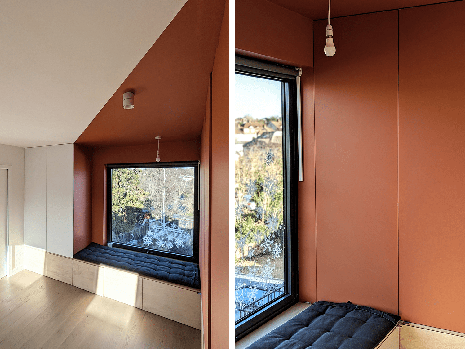 SR_loft_conversion_interiors_orange_bedroom_seat_design_trends_2025_PGPstudio Seating and wardrobe